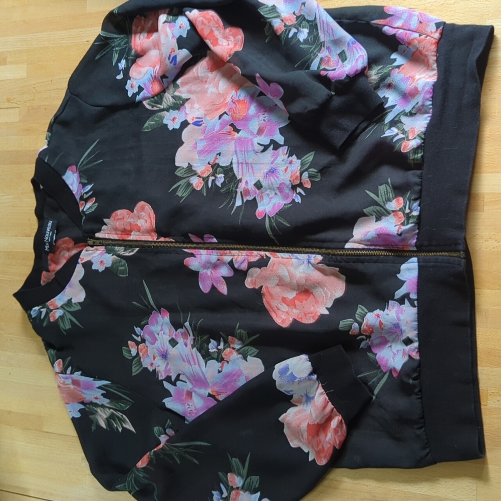 Black Floral Sheer Bomber Jacket Medium Feminine